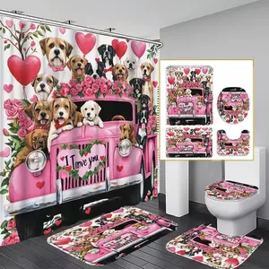 1/4-piece Valentine's Day Romantic Rose and Cute Puppy Design Bathroom Shower Curtain and Mat Set, includes 12 hooks, non-slip bathroom mat, non-slip toilet U-shaped mat, toilet seat cover, and bathroom partition; perfect for modern home decor.