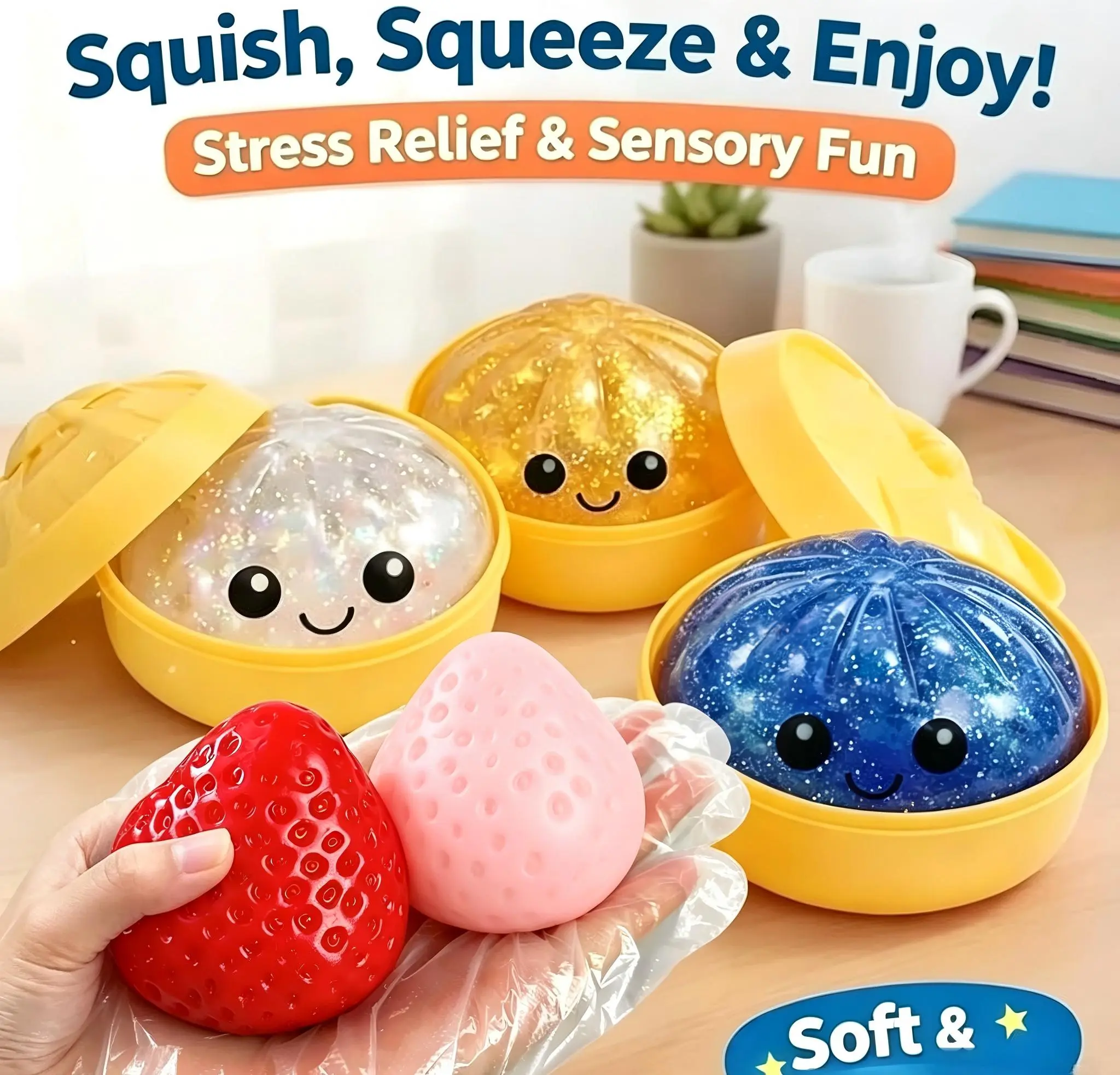 Super Value Squishy Toy Bundle Set, Glitter Dumpling & Strawberry Stress Relief Toys, Sensory Squeeze Combo Pack, Durable Non-Toxic Fidget Toys for Kids Adults, Perfect Gift for All Festivals & Holidays