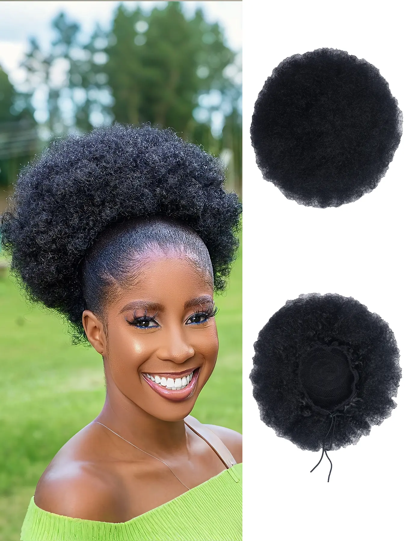Afro Puff Drawstring Ponytail with Bangs Ponytail Extension for Women Short Curly Clip in Wrap Updo Hairpiece for Daily Use Synthetic Hair Extensions