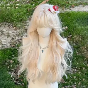 24 Inch Women's Wig Blonde with Bangs, Large Wavy Long Curly Hair, Elegant Style, Daily Party Full Head Wig Set, Synthetic Fiber Wig