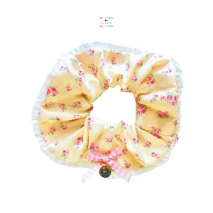 Floral Hair Scrunchie / Light Pink Gingham Coquette Bow Pale Yellow Floral Hair Scrunchie/ Stretch Hair Scrunchie