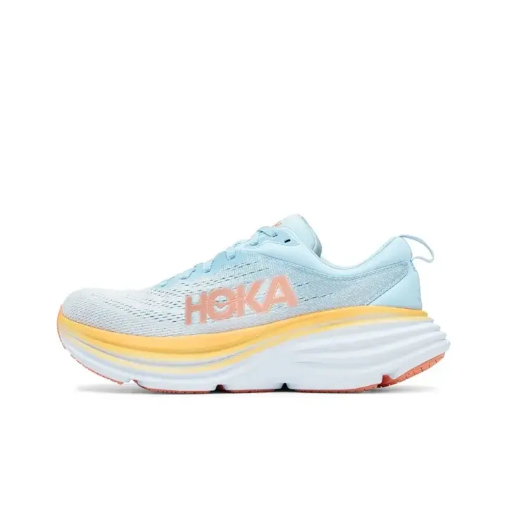 Unisex All‑Day Wear Athletic Walking Shoes, Light Sky‑Blue Breathable Mesh With Orange‑Yellow Accent Trim, Max Cushion Cloud‑like Feel, Meta‑Rocker, Arch Support, Vibram Grip Durable Outsole, Comes With Original Shoe Box