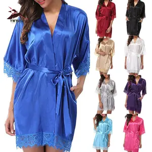 Women's Night Robes, Medium Sleeve Lace Smooth Robes, Bridesmaid Bridal Party Satin Robes, Sleepwear with Removable Waist Belt
