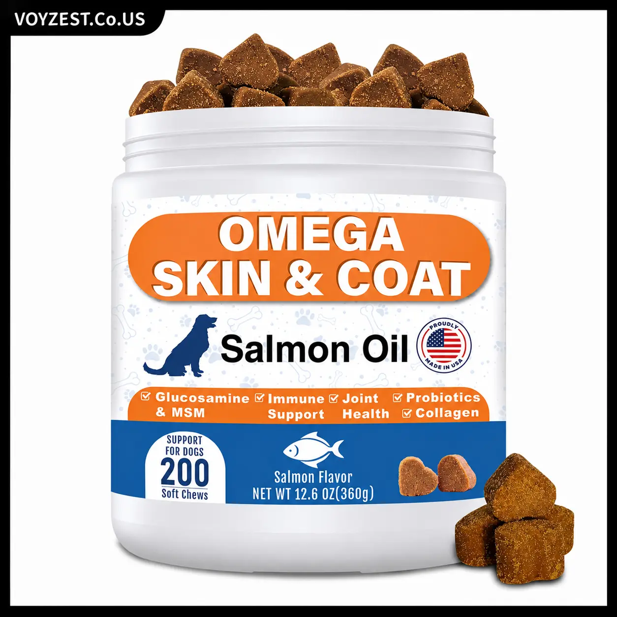 Omega 3 Fish Oil Dog Chews - Wild Salmon Oil daily Supplement with EPA, DHA, Glucosamine, MSM, Collagen for Skin, Coat, Gut, Joint, Heart, Eye & Immune Support