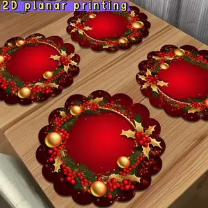 Elegant & Christmas Placemats, Wreath Holly Berry Snowflake Design, 2D Flat Print Polyester Mat for Holidays, Weddings, Dinners
