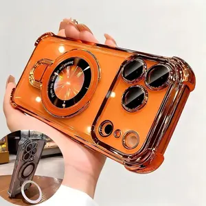 New Fashion DIY Magnetic Bracket Phone Case with Four Airbag Corners Shockproof Electroplated Clear Hard Acrylic for iPhone 17 Pro Max Air 11-16 Plus with Camera Lens Protector Magsafe Kickstand Holder Protection Transparent Durable Protective Casing