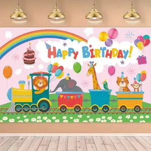 Animal Themed Happy Birthday Party Banner Backdrop Tapestry, Train Animal Rainbow Pink Background, Cartoon Animal Photography Background, Party Decoration Supplies