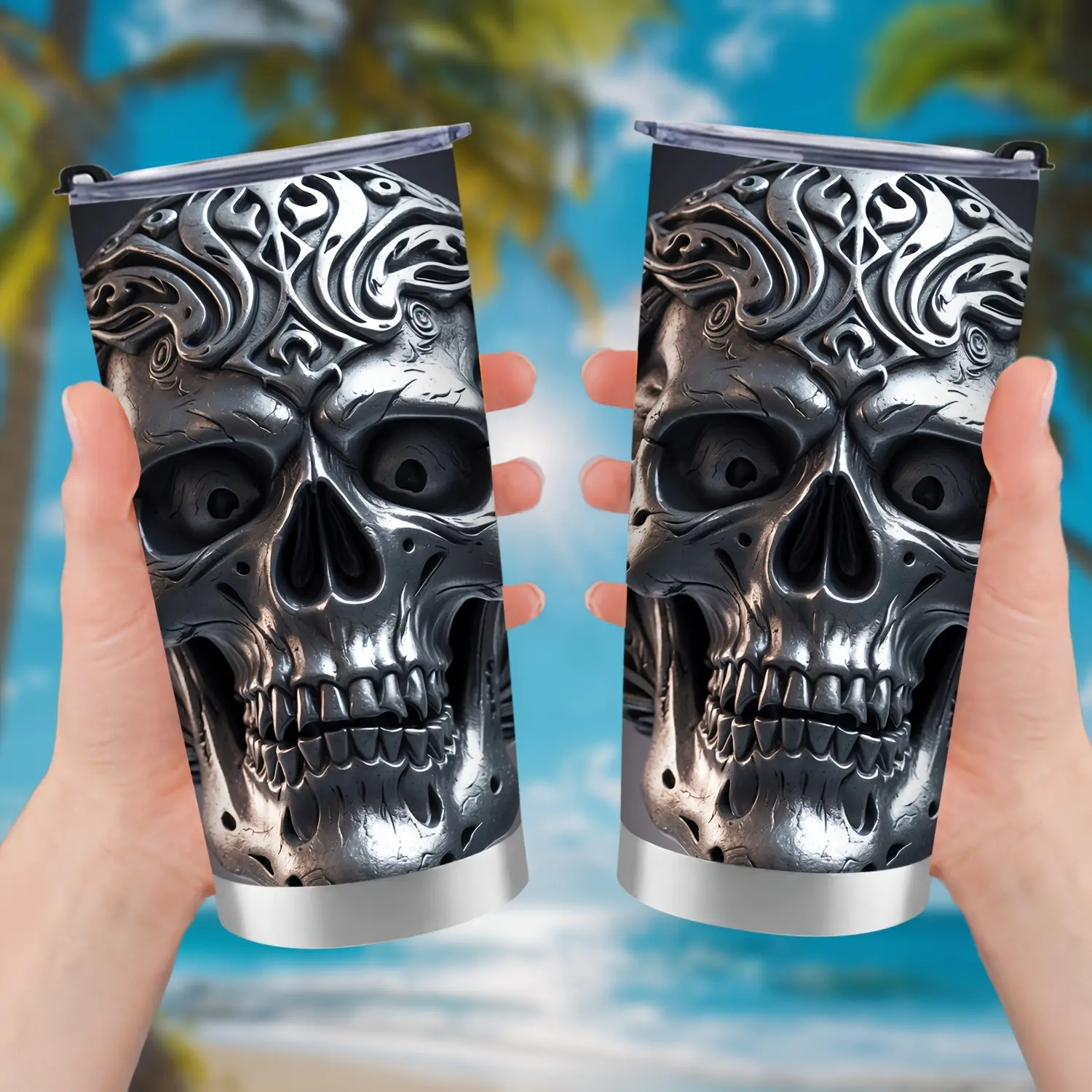 20oz Stainless Steel Spillproof Insulated Mug Tumbler with Lid - Hot and Cold Water Vacuum Flask, Silver Skull Print Car Cup, Ideal for Travel, Birthday & Holiday Gift for Friends, Hot And Cold Water Vacuum Flasks, Insulated Mug Tumbler Vacuum Flasks