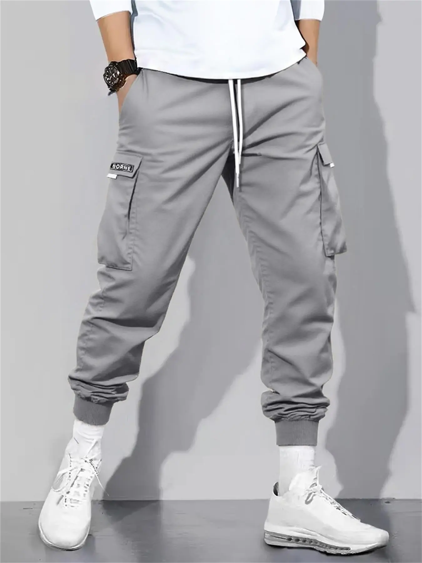 Men's Solid Color Cargo Pants, Casual Fitted Pockets, Casual Streetwear Pants, Elastic Wasit Multiple Pockets Tactical Pants Spring Summer Zipper Decoration Hiking Pants Outdoor Activities Fishing Working Time Streetwear Outfit
