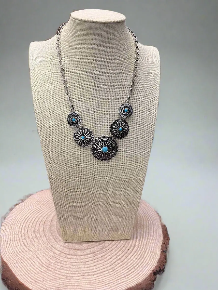 5-Concho Western Necklace with Faux Turquoise — 18 Inch with 3-Inch Extender