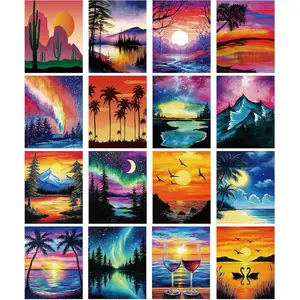 16 Pcs Pre Drawn Stretched Canvas to Paint Sunset Landscape, Bulk 8"x10" Printed Canvas Sip & Paint DIY Kit for Adults Artists, Great for Christmas Party Date Night Art Activities