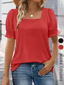 New Women's Solid Color Square Neck T-Shirt, Bubble Sleeve Pleated Design, Elegant Fashion Commuter Top, Versatile Everyday Wear