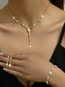 Women's Elegant Rhinestone Decorated Jewelry Set, Exquisite Trendy Necklace & Earrings & Bracelet, Chic Jewelry Set for Party & Wedding As Gift, Matching Jewelry Set, Teardrop Jewelry Set