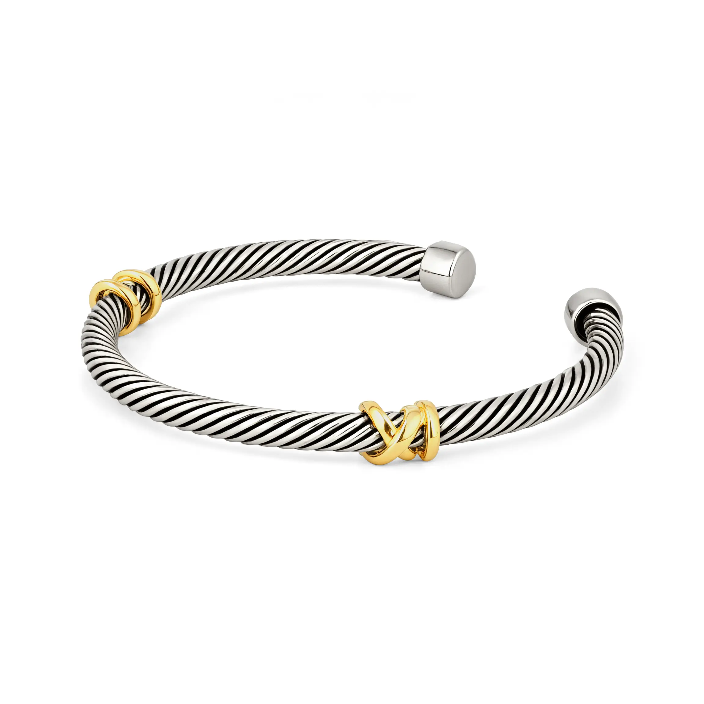 Aprilery Two-Tone Twisted Cable Cuff Bracelet with Wrapped Knot Accent – Stylish Open Bangle for Women
