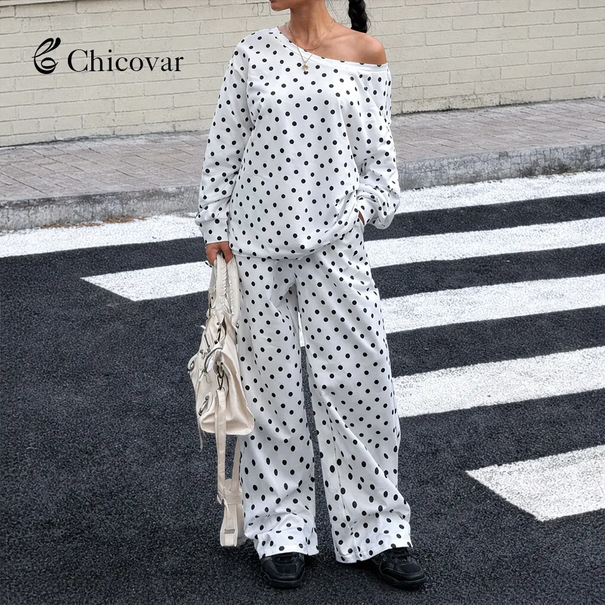Chicovar Women's Polka Dot 2 Piece Set Off Shoulder Long Sleeve Top and Wide Leg Pants Casual Outfit with Pockets, Stretchy& Comfortable, sohochic