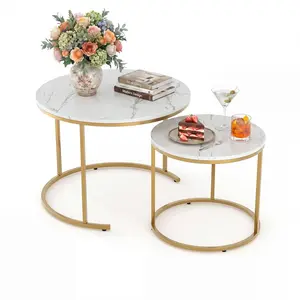 Modern Set of 2 Round Nesting Coffee Tables 60/40cm - Space Saving Stacking End Tables with Marble Effect Top - Perfect Furniture Accent for Living Room Sofa, Bedroom Bedside, Balcony & Home Office Desk - Compact Sturdy Nightstands Decor