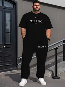 Men's 2-Piece Short Sleeve Long Pants Set, Plus Size Casual Outdoor Sports Wear, Round Neck Stretchy Comfortable Fit