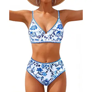 Women High Waisted Bikini Sets-Tummy Control Swimsuit 2 Piece Bathing Suit Full Coverage Teens Underwire Top Floral