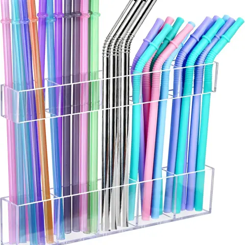 9.5in Large Size Acrylic Straw & Utensils Storage Organiser - Adjustable Compartment, Smooth Adhesive Tape Cabinet Door Installation, Space-Saving Kitchen Rack, Modern Look, Resists Yellowing, Drainage Holes, 0-5kg Capacity