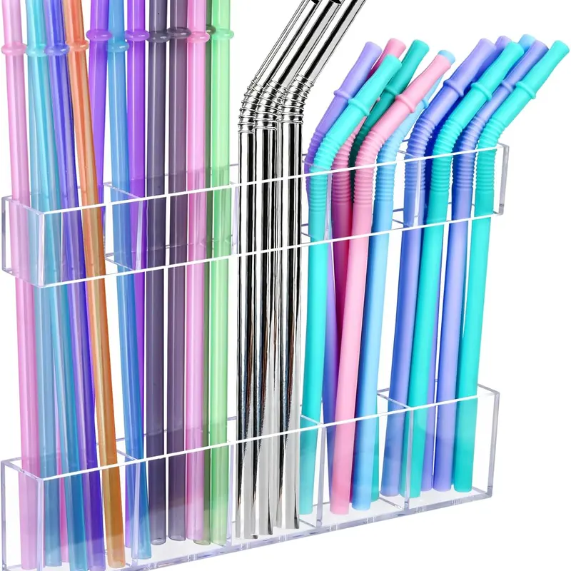 9.5in Large Size Acrylic Straw & Utensils Storage Organiser - Adjustable Compartment, Smooth Adhesive Tape Cabinet Door Installation, Space-Saving Kitchen Rack, Modern Look, Resists Yellowing, Drainage Holes, 0-5kg Capacity
