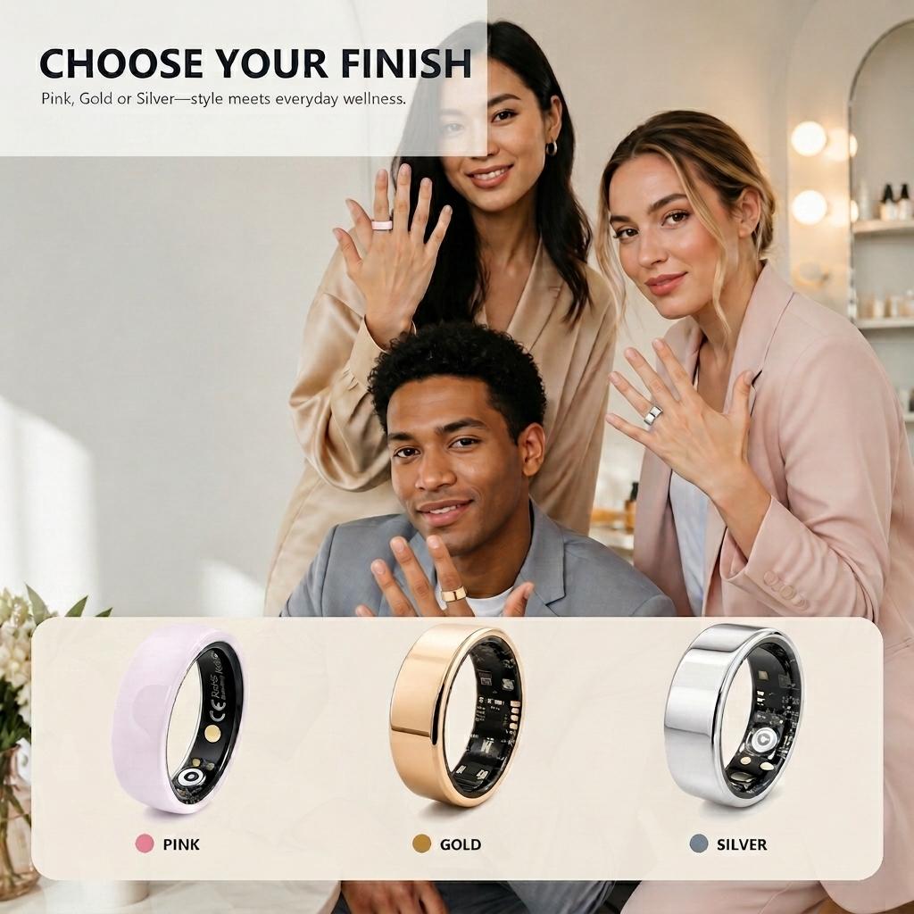 Minimalist Pink Ceramic Smart Ring (Gifts for Women), IP68 Rated Fitness & Sleep Tracker with Heart Rate, HRV, Stress Insights, Multi-Sport Modes, Bluetooth Sync, Mobile App, No Subscription, Android/iOS Compatible, Charging Case (10 Approx. Recharges)