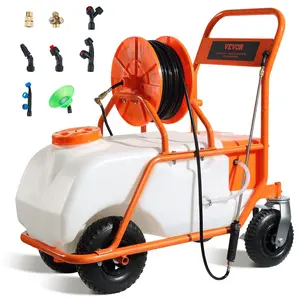 VEVOR Battery Powered Lawn Sprayer on Wheel, 0-90 PSI Adjustable Pressure, 15 Gallon Tank, Cart Sprayer with 8 Nozzles and 2 Wands, 12V 12Ah Battery, Wide Mouth Lid for Weeding, Spraying