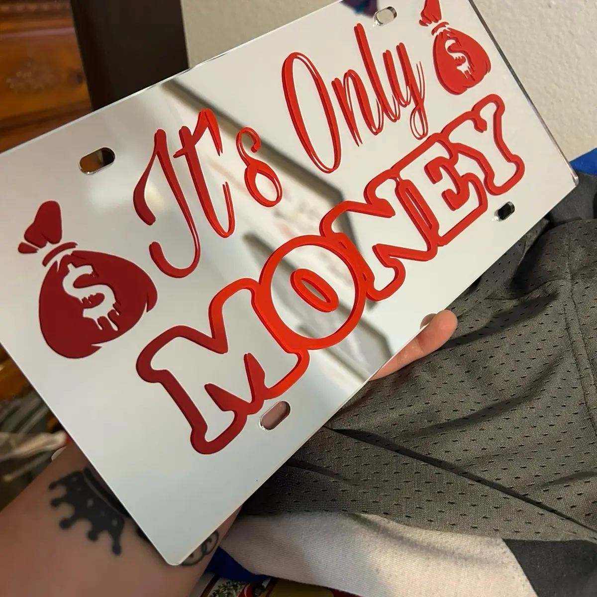 Automotive Novelty License Plate with "It’s Only Money" Prints, Car Exterior Accessory Car Plate Holder Compatible with Standard Sizes
