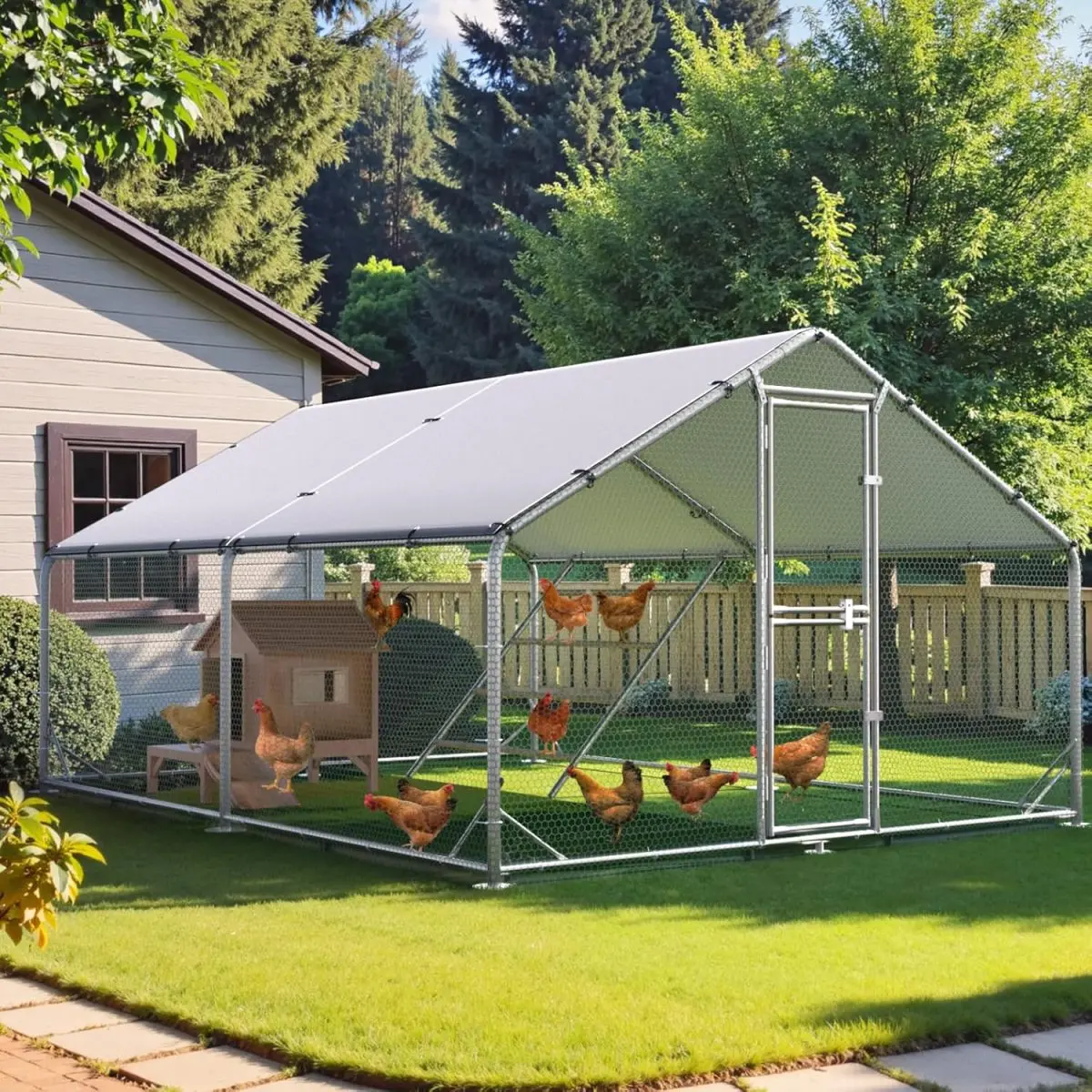 Outdoor Metal Chicken Coop with Half-Door Feeder & 55" Perch, Galvanized Steel & UV-Resistant Cover for Poultry, Rabbits, Garden Protection