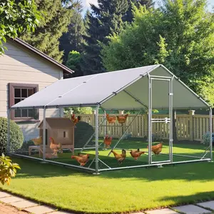 Outdoor Metal Chicken Coop with Half-Door Feeder & 55" Perch, Galvanized Steel & UV-Resistant Cover for Poultry, Rabbits, Garden Protection