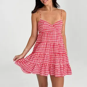 Women's Red Gingham Tiered Mini Dress, Spaghetti Strap Sweetheart Neck A-Line Ruffle Short Summer Sundress