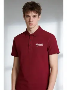 Men's Casual Slim Fit Polo Shirt, Milwaukee Letter Print, Blue Options, Anti-Wrinkle Fabric, Solid Color No Print