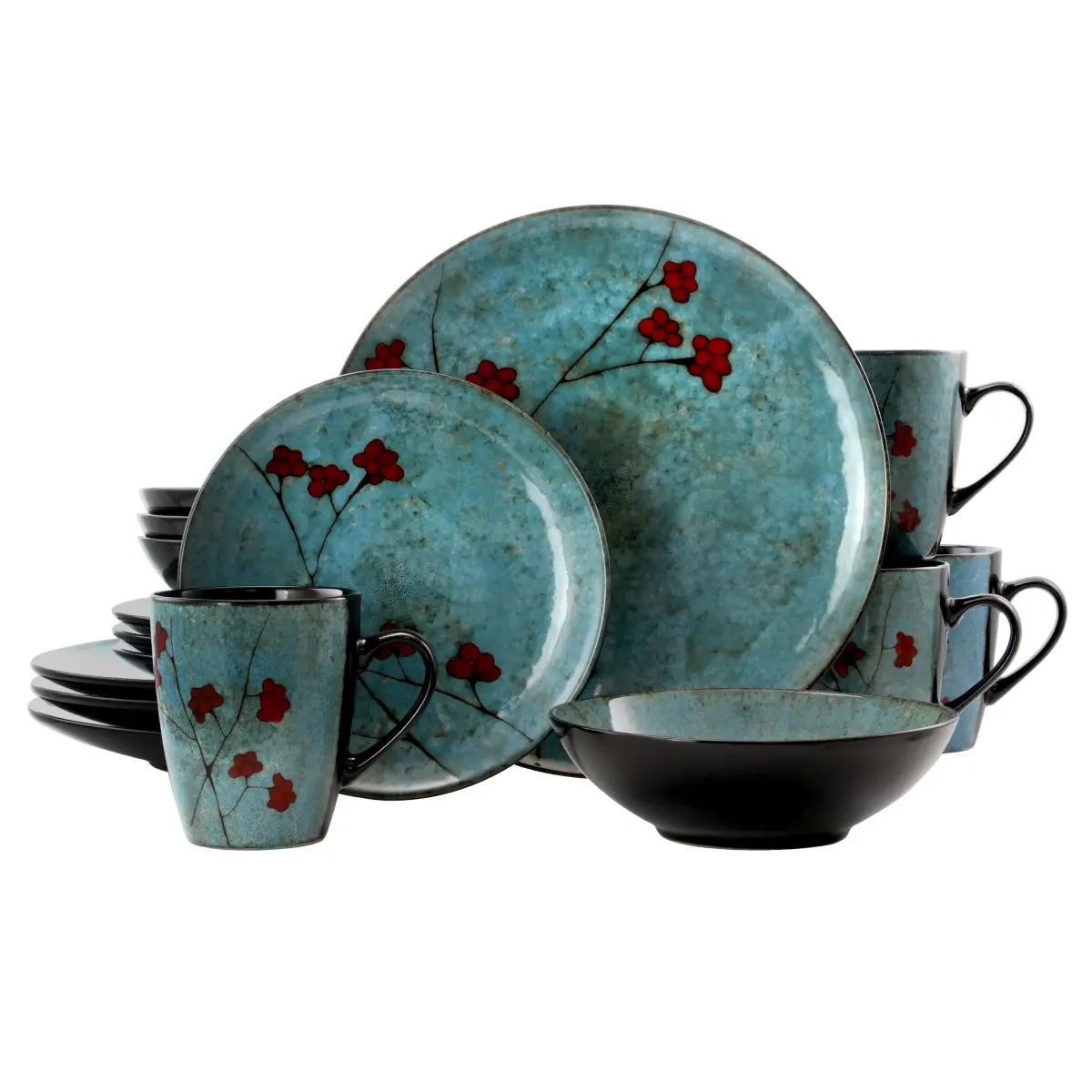 212 MAIN 16-Piece Modern Floral Irregular-Shaped Stoneware Tableware Set, Blue - Includes Plates, Dishes, Cutlery, Dishwasher-Safe for Dining Table