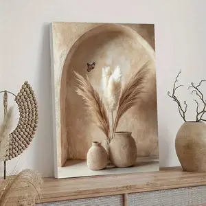 1 Piece Large Beige and Brown Bohemian Style Vase and Pampas Grass Framed Canvas Print - Modern, Artistic Minimalist Wall Art, Wrapped Wooden Frame, Neutral Tone, Suitable for Bedroom, Living Room, Office - Home Decor