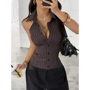 StreetHx Women's Street-Style Brown Stripe Backless Sleeveless Shirt