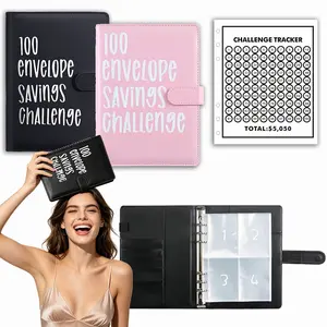 A5 100 Envelope Savings Challenge Flip Book With Clear PVC Cash Pockets Savings Listing Card Pink Navy Color Options