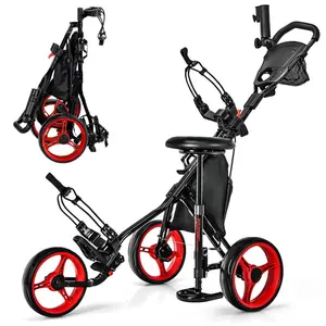 COSTWAY Golf Push Pull Cart with Seat, Lightweight Foldable Collapsible 3 Wheels Golf Push Cart, Golf Trolley with Foot Brake, Adjustable Umbrella Holder & Seat, 4 Height Position Handle