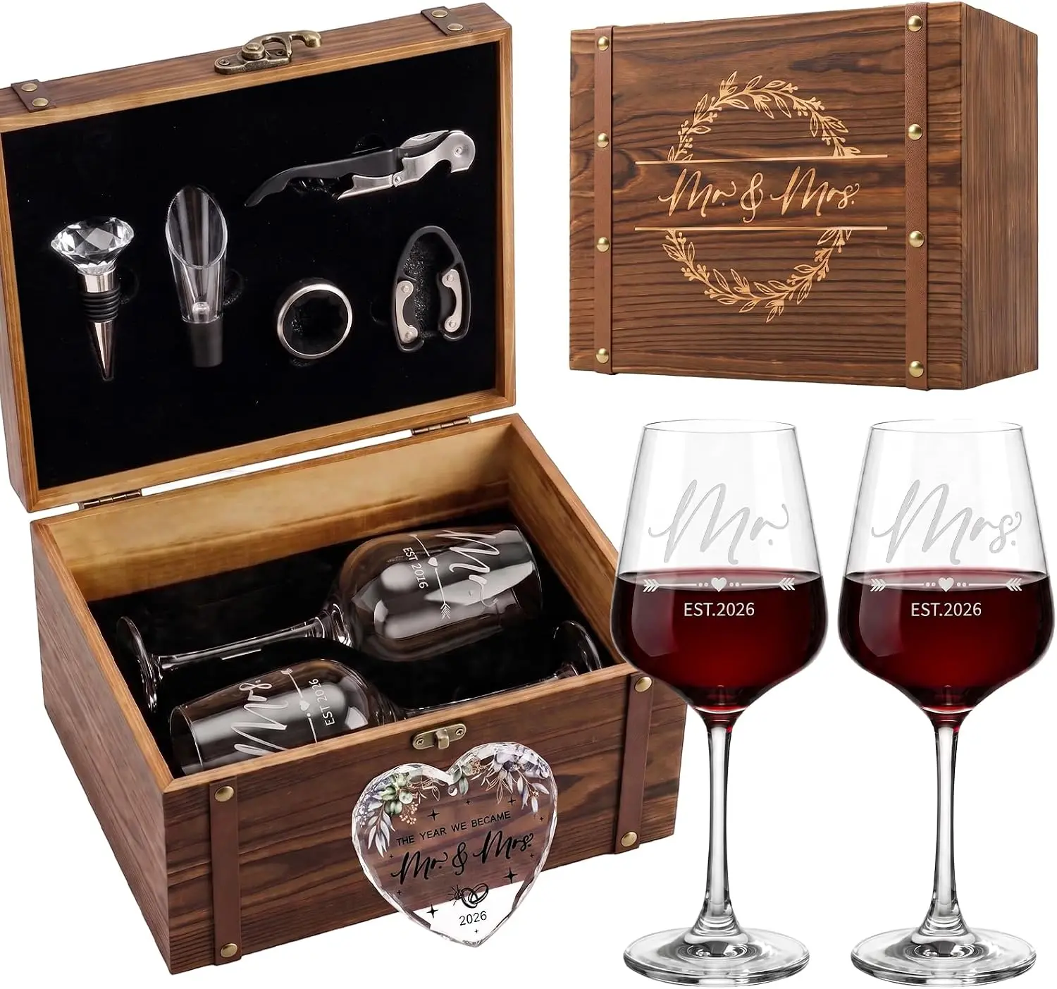 Mr & Mrs Engraved Wine Glass Set with Engraved Wooden Box & 5 Wine Accessories - Wedding Registry Gift for Newly Married Couples, Anniversary Housewarming Present