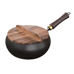 Pure Iron Wok Uncoated Heats Evenly Multi-Purpose Frying Pan with Lid and Wooden Handle Suitable for Any Stove Oven or Camping Campfire Cookware