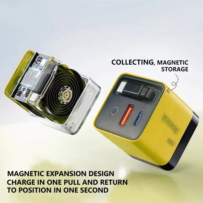 TOBRBE 3 in 1 GaN Charger, Retractable 80W MAX Fast Charger Block with Type-C Cable & 2 USB Ports, Portable Adapter iPhone Smartphone Electronic, Yell
