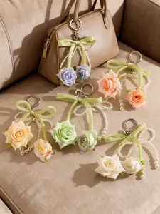 Handmade Rose Keychain, Pearl Rose Charm, Floral Bag Accessory, Elegant Car Key Chain, Gift for Friends, All Seasons Decor