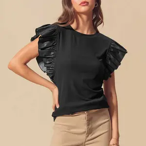 Black Leather Ruffle Sleeve Patchwork Round Neck Blouse - 93% Viscose 7% Elastane - Sophisticated & Timeless Style