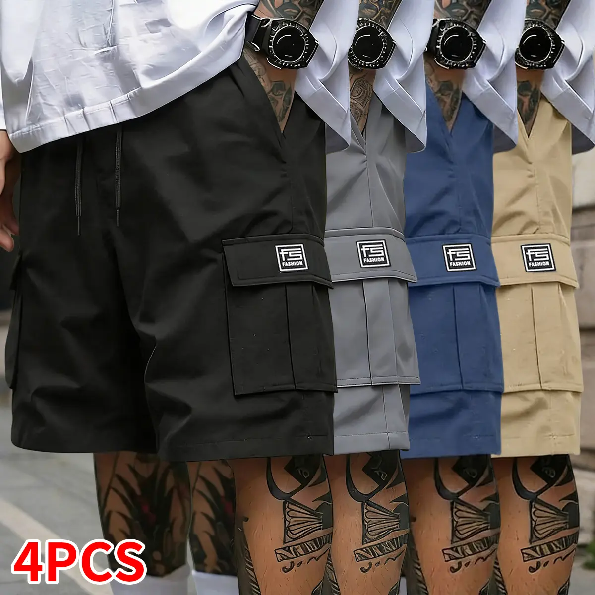 4-piece set: summer shorts; men’s casual cargo shorts with multiple pockets, solid color, drawstring elastic waistband; suitable for outdoor sports, fitness, running, and casual wear; men’s shorts, summer clothing, menswear.