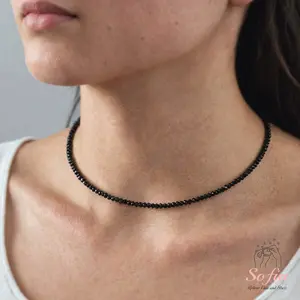 Delicate Obsidian Beads Choker Necklace, Tiny Dainty Faceted Gemstone Beaded Necklace, Waterproof Crystal Beaded Choker, gift for her