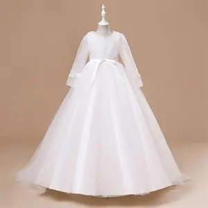 Kids Clothes Embroidered Princess Long Sleeve Ball Gown Frock Children Formal Evening Party Pageant Prom Host Cocktail Dress Tulle White Flower Girls 4-14Y
