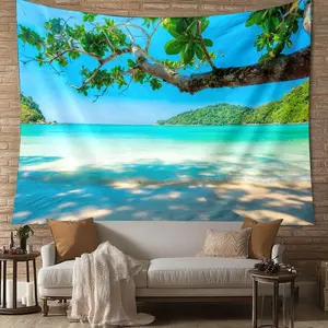 Ocean Beach Pattern Tapestry, Wall Hanging Art for Home Decor, Bedroom Living Room Dorm Apartment with Tree and Sky Design for Relaxed Ambiance in Any Interior Space