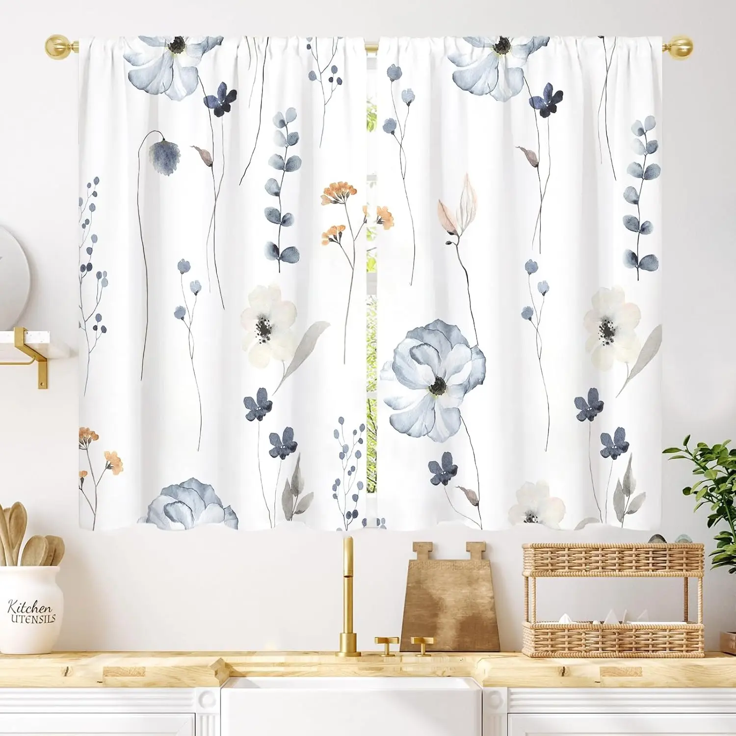 2-Panel Vintage Floral Wildflower Cafe Tier Curtains - 27.5W x 39L Watercolor Art Beige Blue White Boho Plant Leaf Short, Wrinkle-Resistant Renter-Friendly Window Covering Ideas for Home/Kitchen, Floral Motif Small Window Treatment