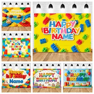 Colorful Building Blocks Photography Backdrop Toy Building Blocks Birthday Party Kids Custom Name Background Celebration Studio