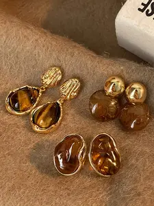 3pairs Vintage Resin Earrings Set, Animal Print Earrings, Leopard Print Earrings, Fall Winter French Coffee Color Studs, Maroon Color Daily Wear Jewelry