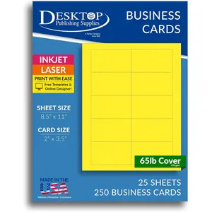 250 Bright Yellow Business Cards 3.5" x 2" Printable Colored Blank Cardstock Paper Sheets Micro Perforated 65lb 176gsm for Inkjet Laser Printers 10UP 25 Sheets