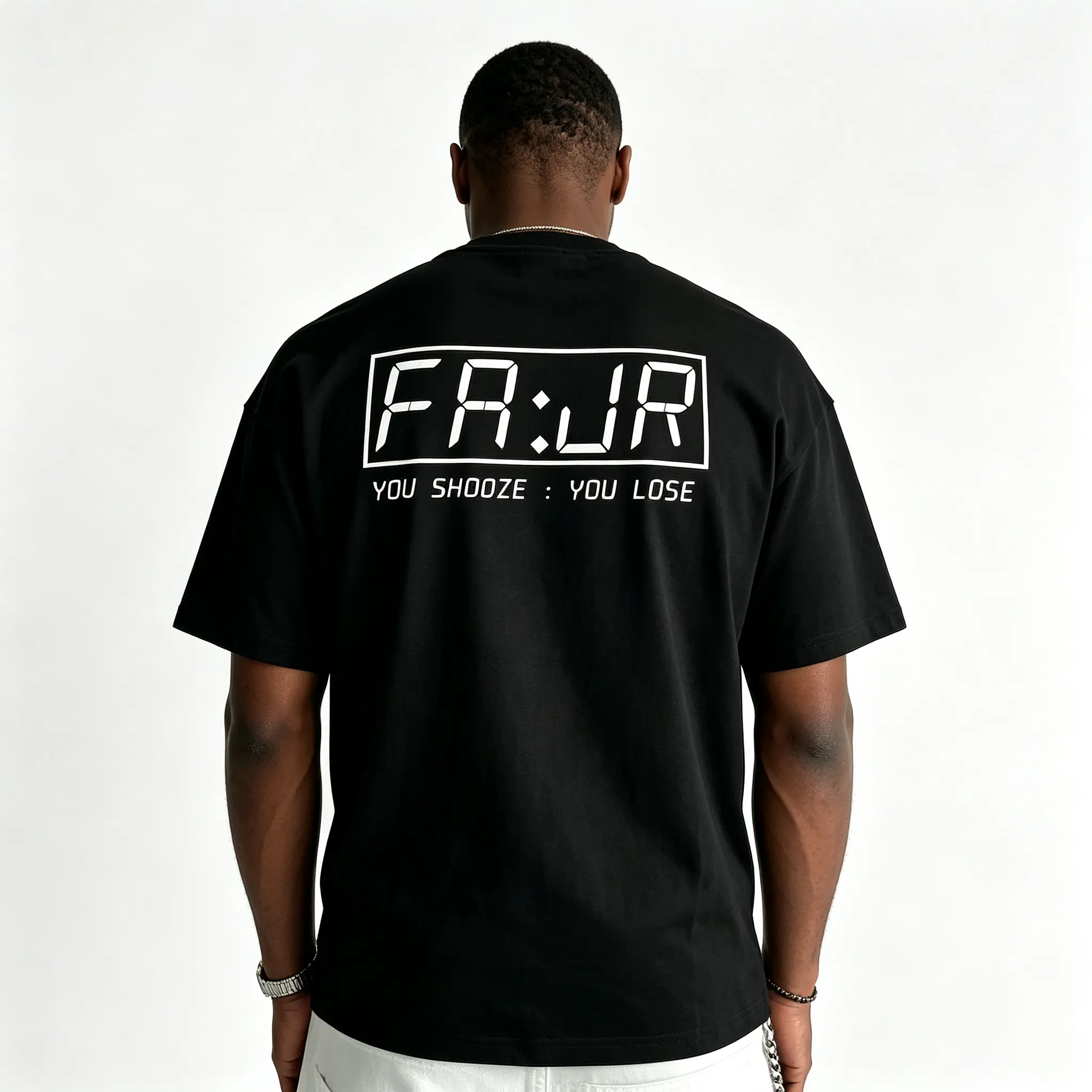 Men's Time Pattern T-shirt - A casual short-sleeved round-neck T-shirt, made of black fabric with white text printed on it. Suitable for summer wear, with a comfortable and loose fit.